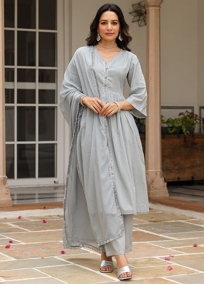 3 Pc Grey Pure Readymade Mulmul Suit Set