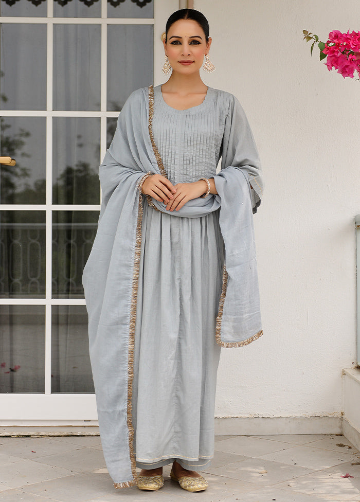 3 Pc Grey Pure Readymade Mulmul Suit Set