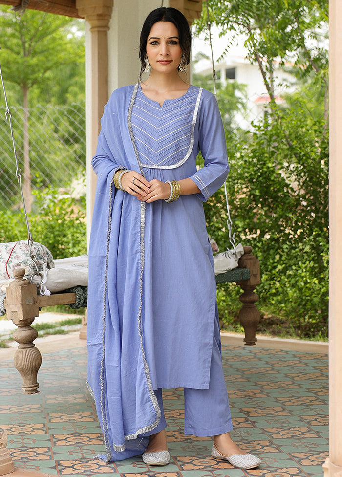 3 Pc Blue Pure Readymade Mulmul Suit Set