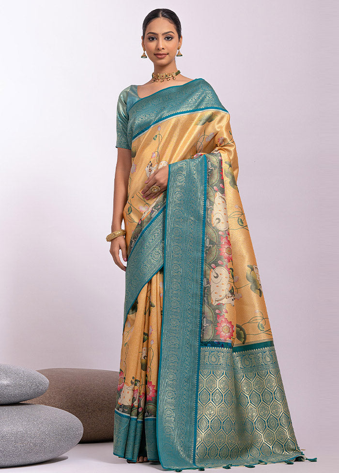 Yellow Dupion Silk Saree With Blouse Piece