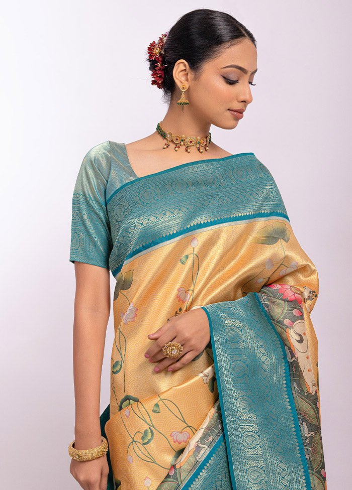 Yellow Dupion Silk Saree With Blouse Piece