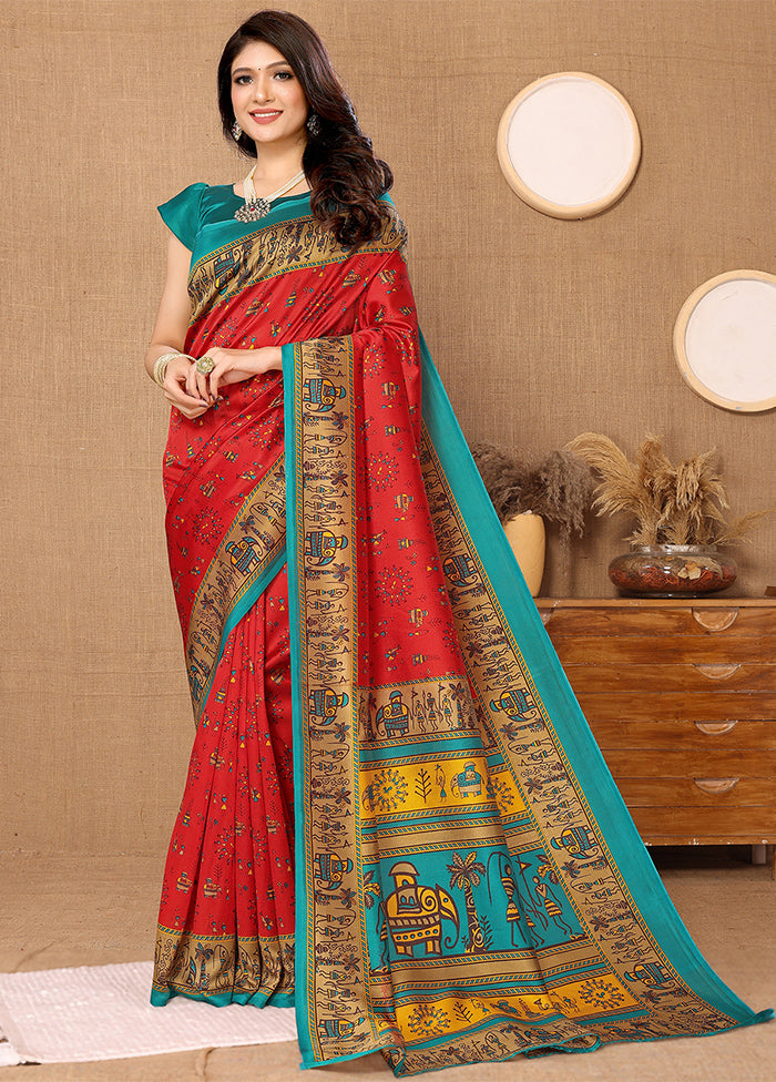 Red Dupion Silk Saree With Blouse Piece