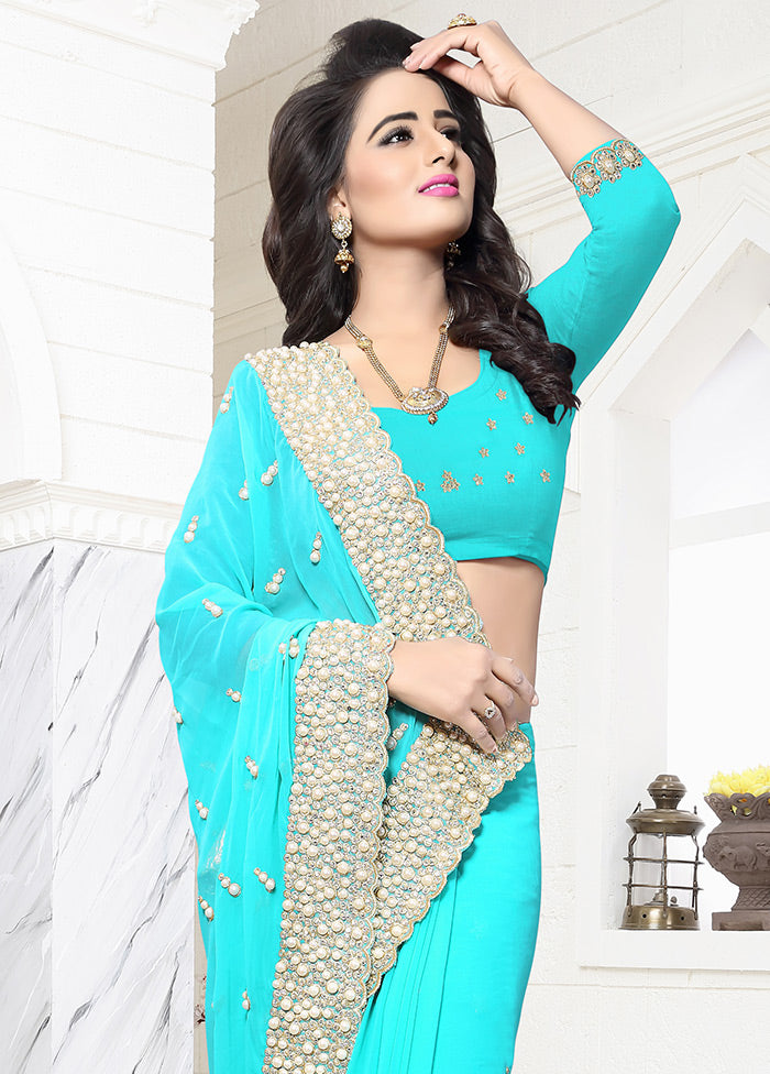 Turquoise Blue Georgette Saree With Blouse Piece - Indian Silk House Agencies