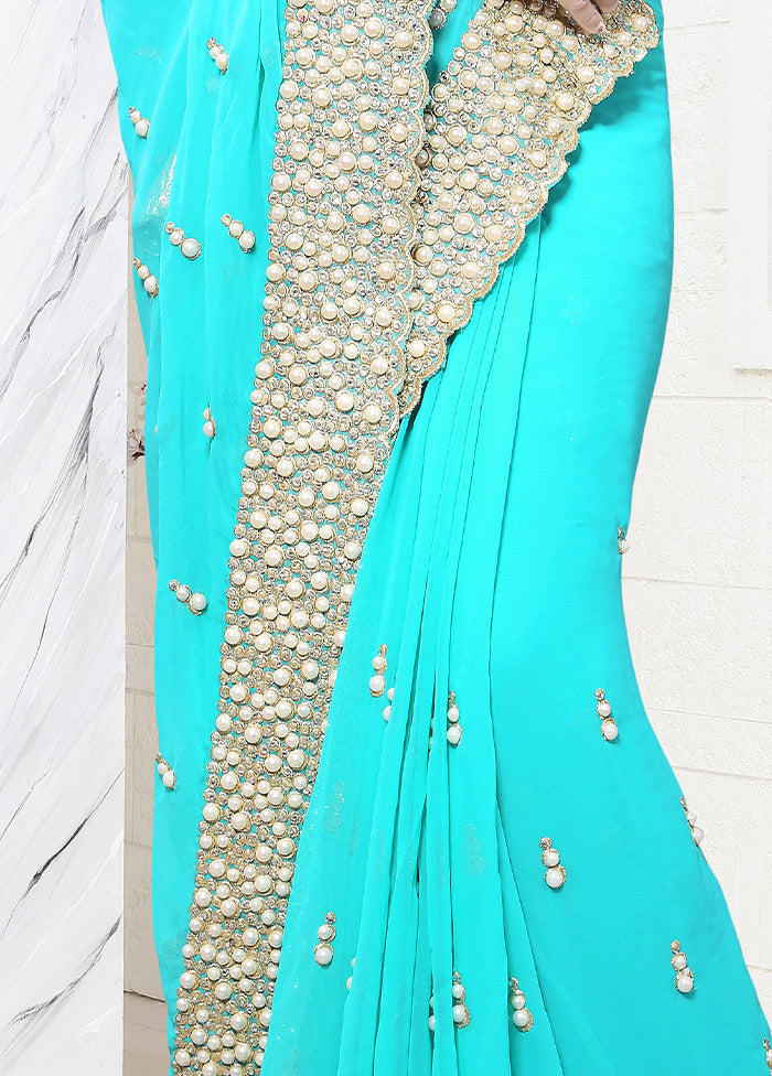 Turquoise Blue Georgette Saree With Blouse Piece - Indian Silk House Agencies