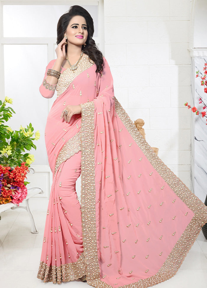 Baby Pink Georgette Saree With Blouse Piece - Indian Silk House Agencies