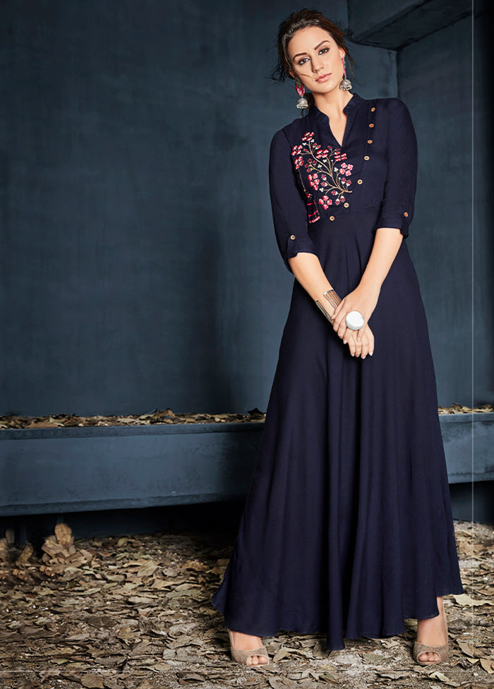 Navy Blue Readymade Rayon Gown - Indian Silk House Agencies