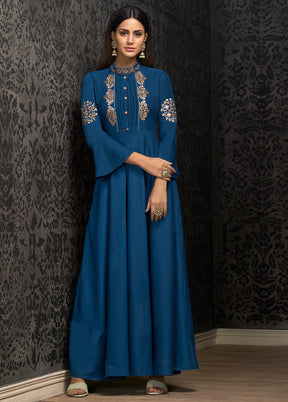 Blue Readymade Silk Gown