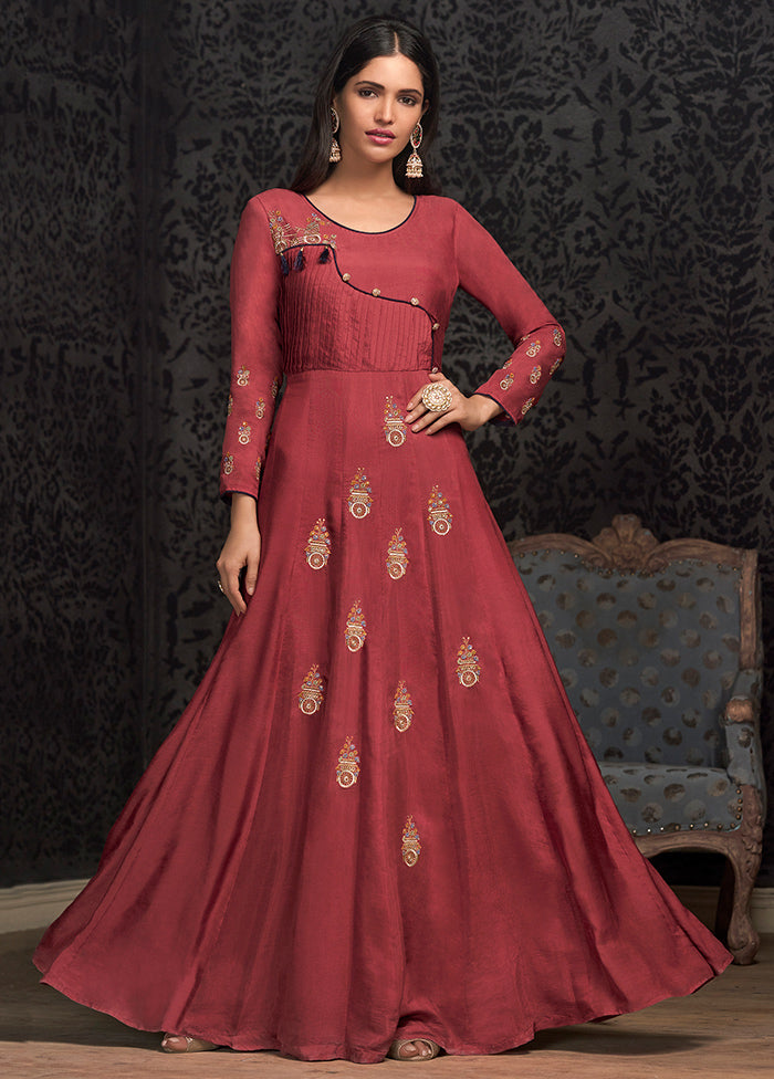 Dark Pink Readymade Silk Gown