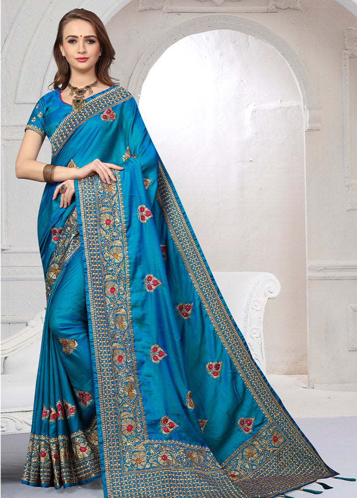 Blue Dupion Silk Saree With Blouse Piece - Indian Silk House Agencies