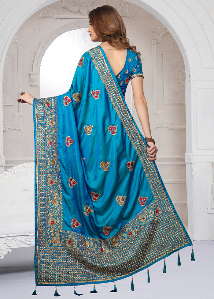 Blue Dupion Silk Saree With Blouse Piece - Indian Silk House Agencies