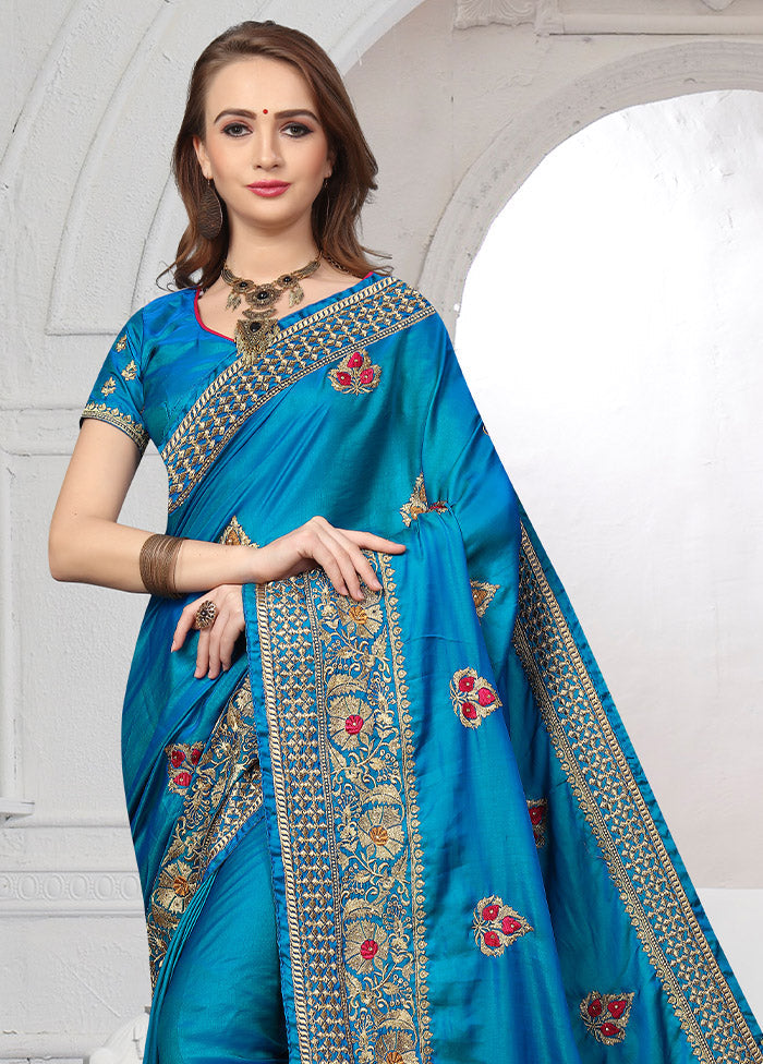 Blue Dupion Silk Saree With Blouse Piece - Indian Silk House Agencies