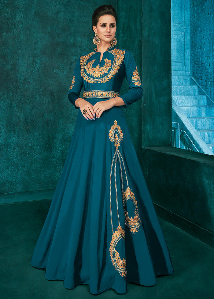 Blue Readymade Silk Gown