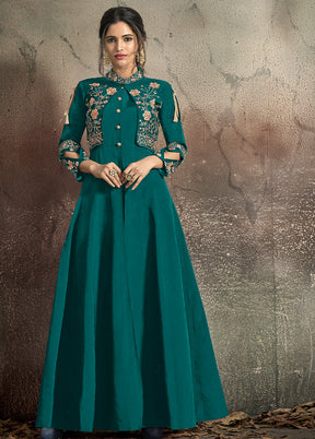 Teal Blue Readymade Silk Gown - Indian Silk House Agencies