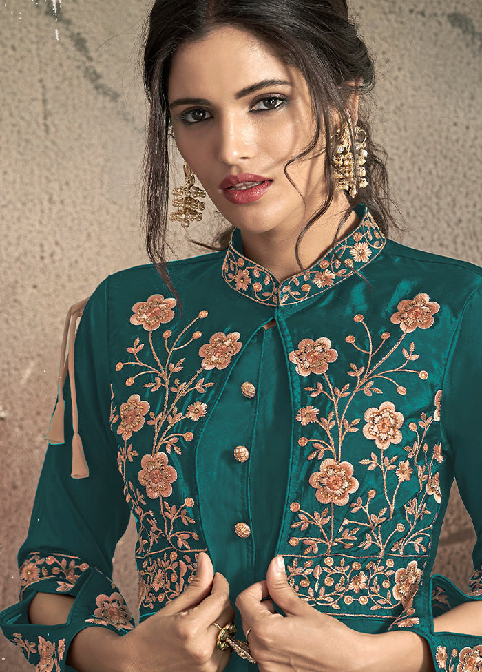 Teal Blue Readymade Silk Gown - Indian Silk House Agencies