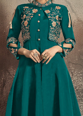 Teal Blue Readymade Silk Gown - Indian Silk House Agencies