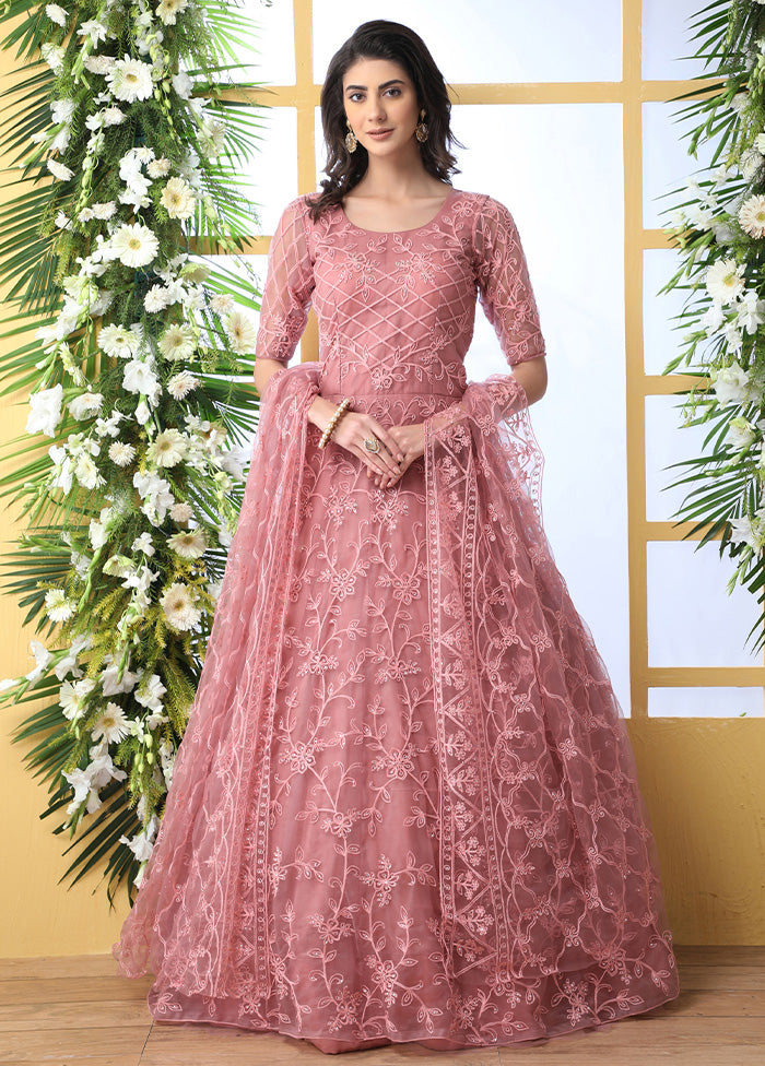 Pink Semi Stitched Net Gown With Dupatta