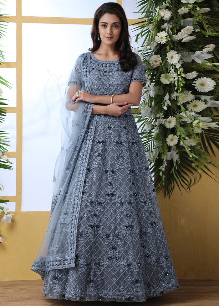 Grey Semi Stitched Net Gown With Dupatta