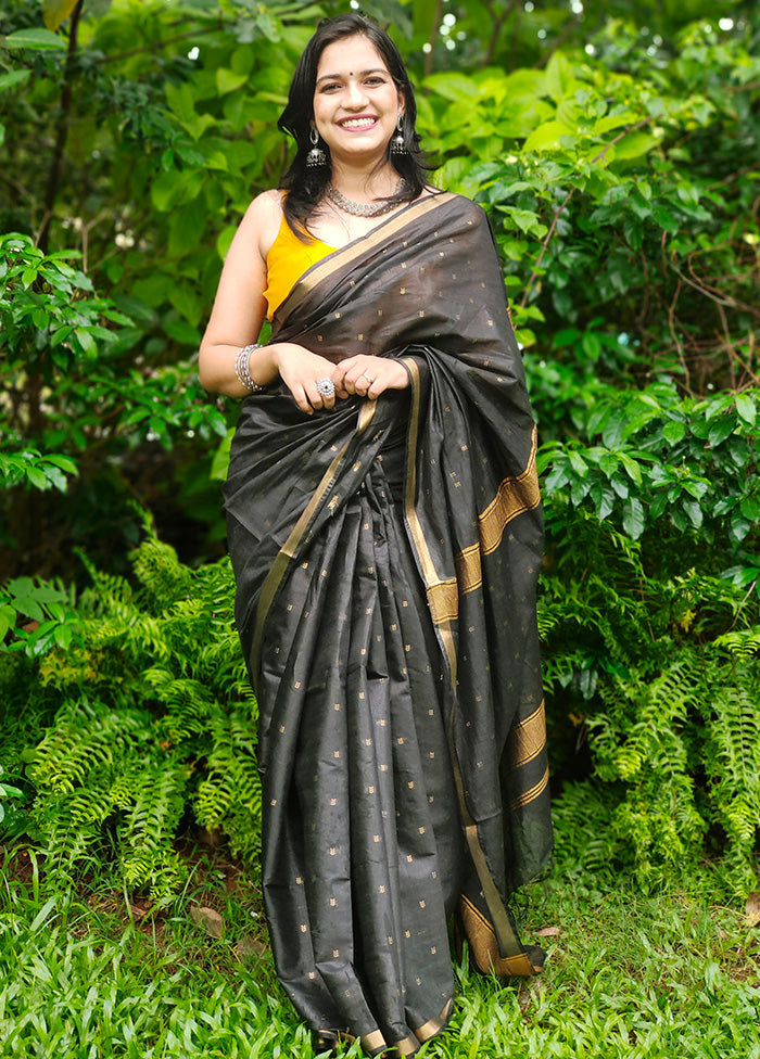 Black Dupion Silk Saree With Blouse Piece - Indian Silk House Agencies