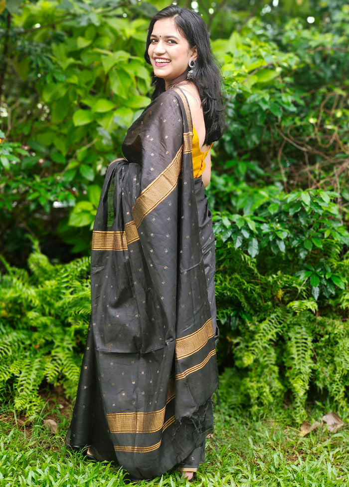 Black Dupion Silk Saree With Blouse Piece - Indian Silk House Agencies