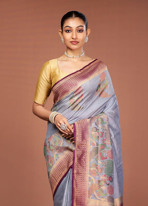 Grey Dupion Silk Saree With Blouse Piece