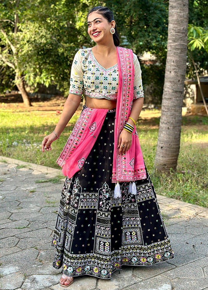 3 Pc Multicolor Silk Semi Stitched Lehenga Set - Indian Silk House Agencies