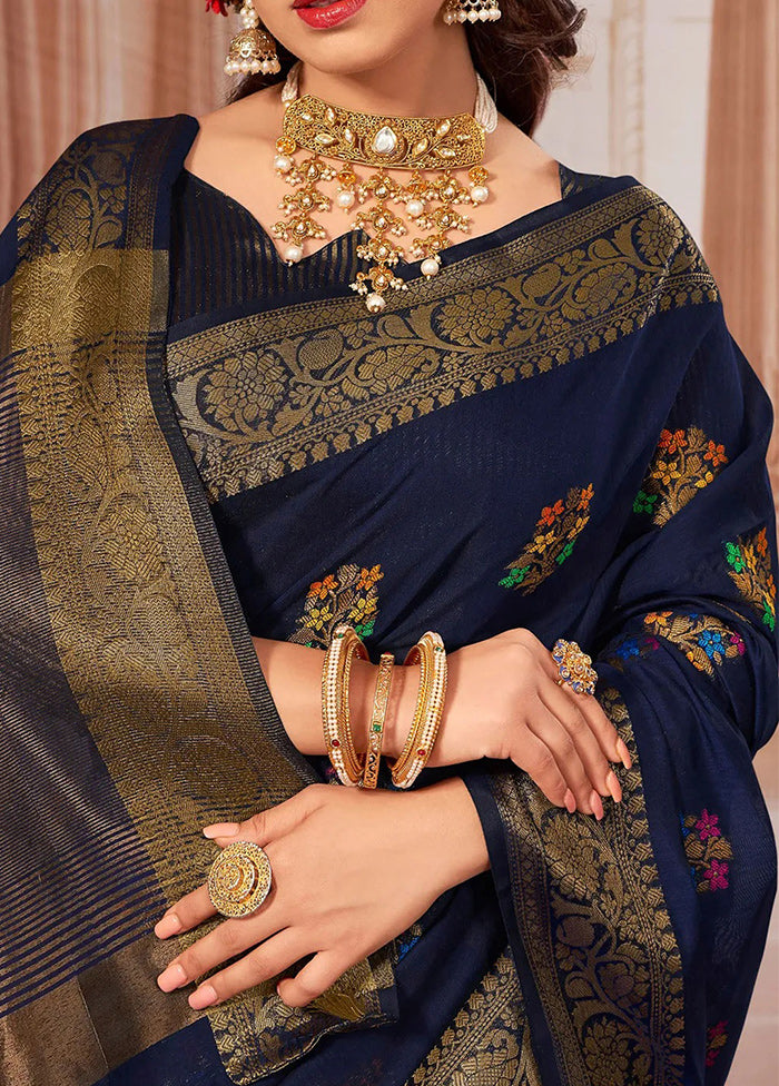Navy Blue Chanderi Silk Saree With Blouse Piece