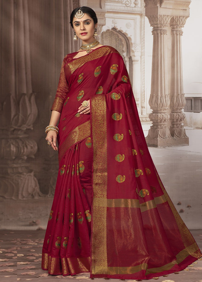 Red Chanderi Silk Saree With Blouse Piece - Indian Silk House Agencies