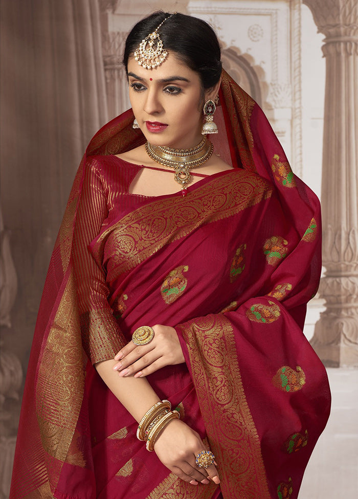 Red Chanderi Silk Saree With Blouse Piece - Indian Silk House Agencies