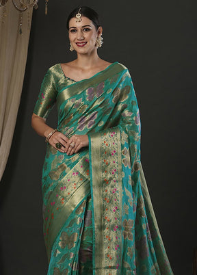 Sea Green Organza Saree With Blouse Piece