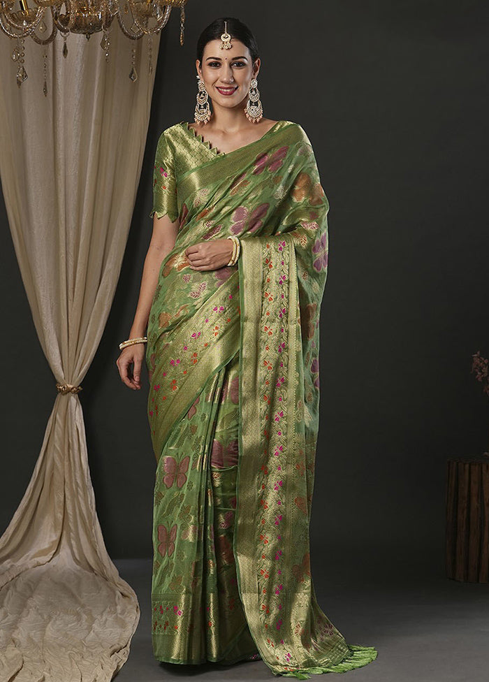 Olive Green Organza Saree With Blouse Piece