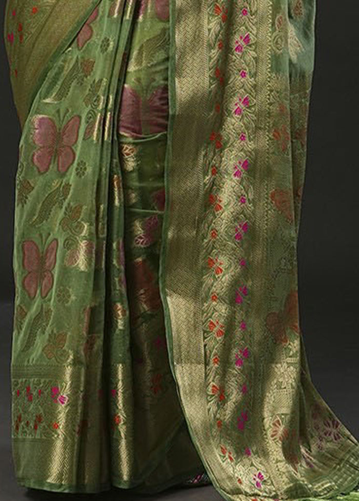 Olive Green Organza Saree With Blouse Piece