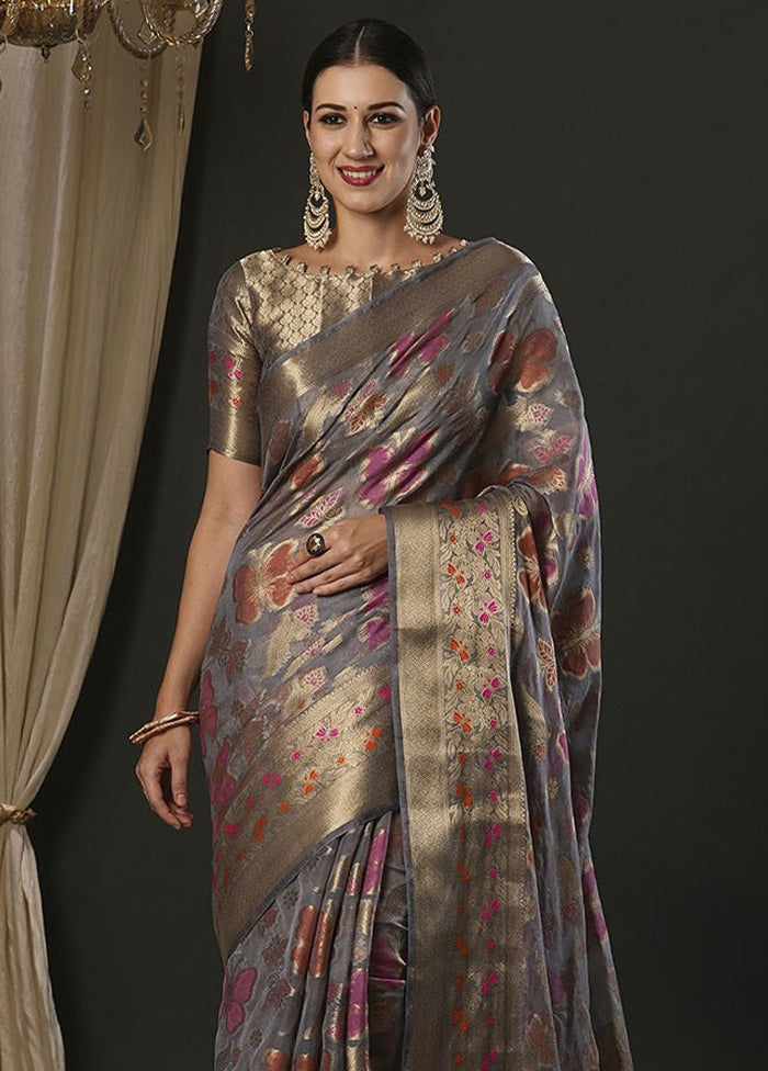 Grey Organza Saree With Blouse Piece