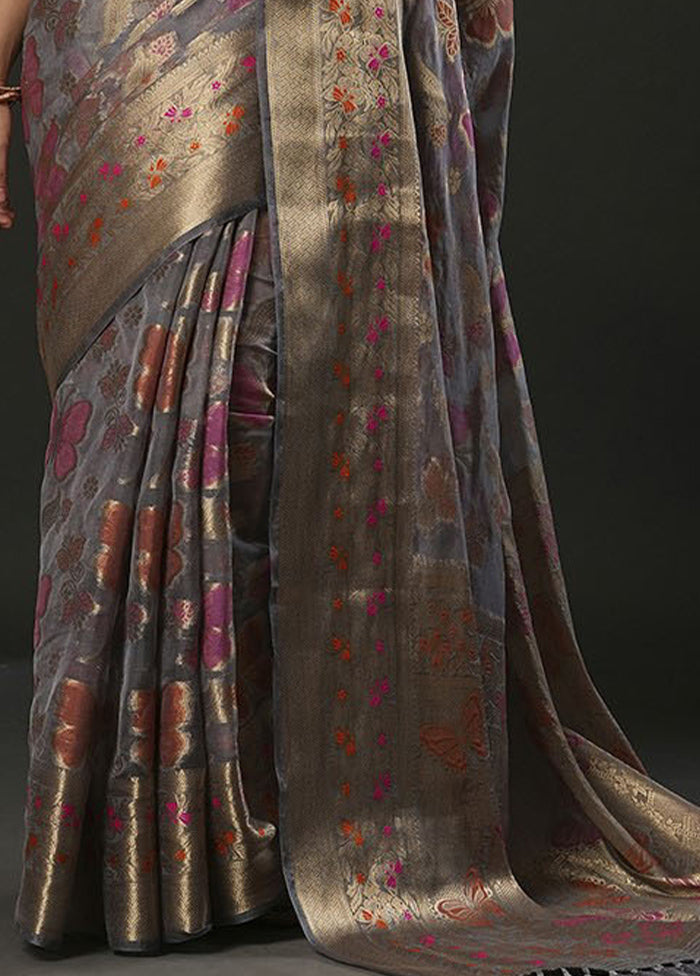 Grey Organza Saree With Blouse Piece