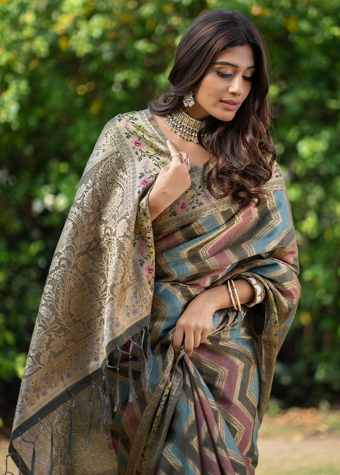 Dark Grey Organza Saree With Blouse Piece - Indian Silk House Agencies