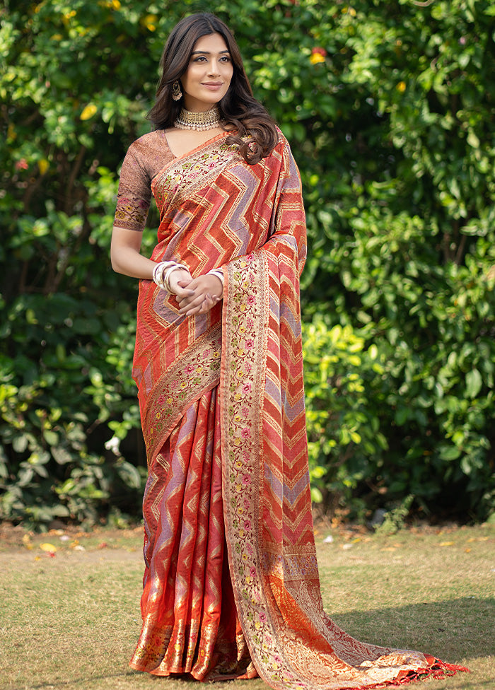 Orange Organza Saree With Blouse Piece - Indian Silk House Agencies