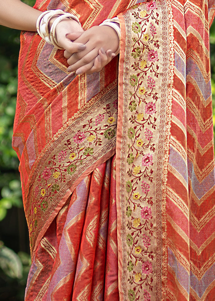 Orange Organza Saree With Blouse Piece - Indian Silk House Agencies