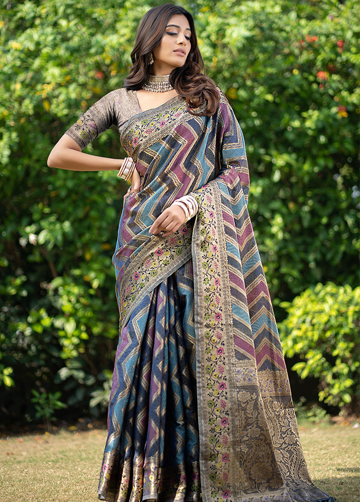 Teal Organza Saree With Blouse Piece - Indian Silk House Agencies