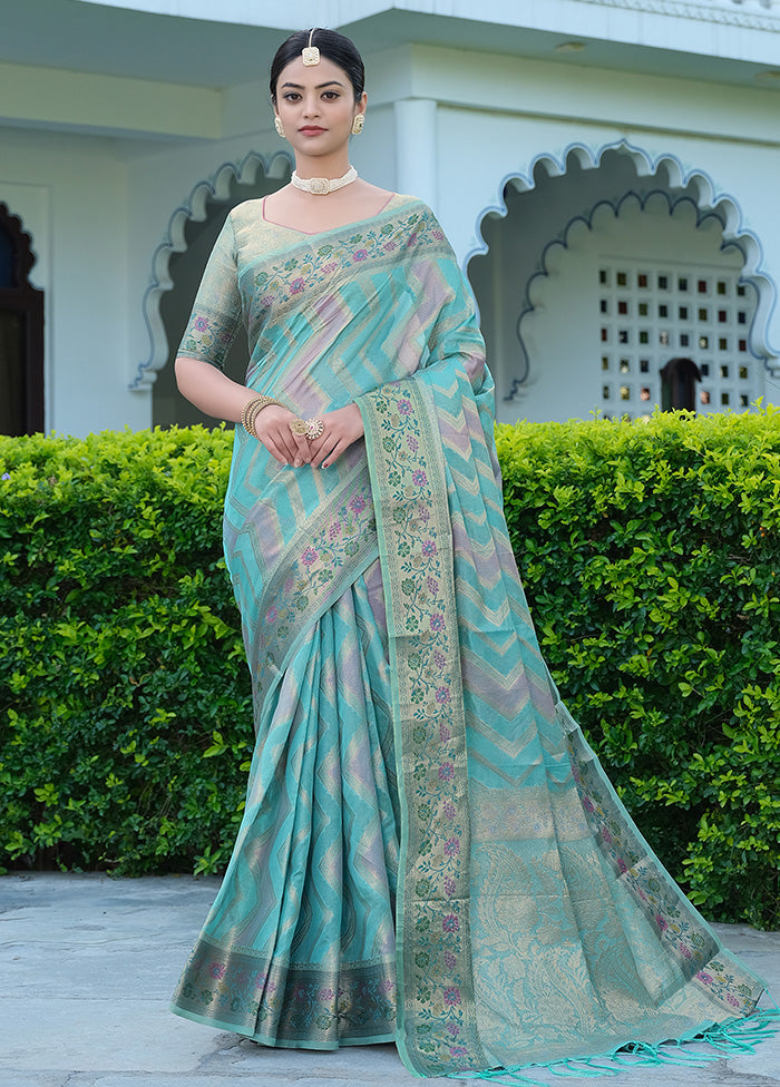 Blue Organza Saree With Blouse Piece - Indian Silk House Agencies