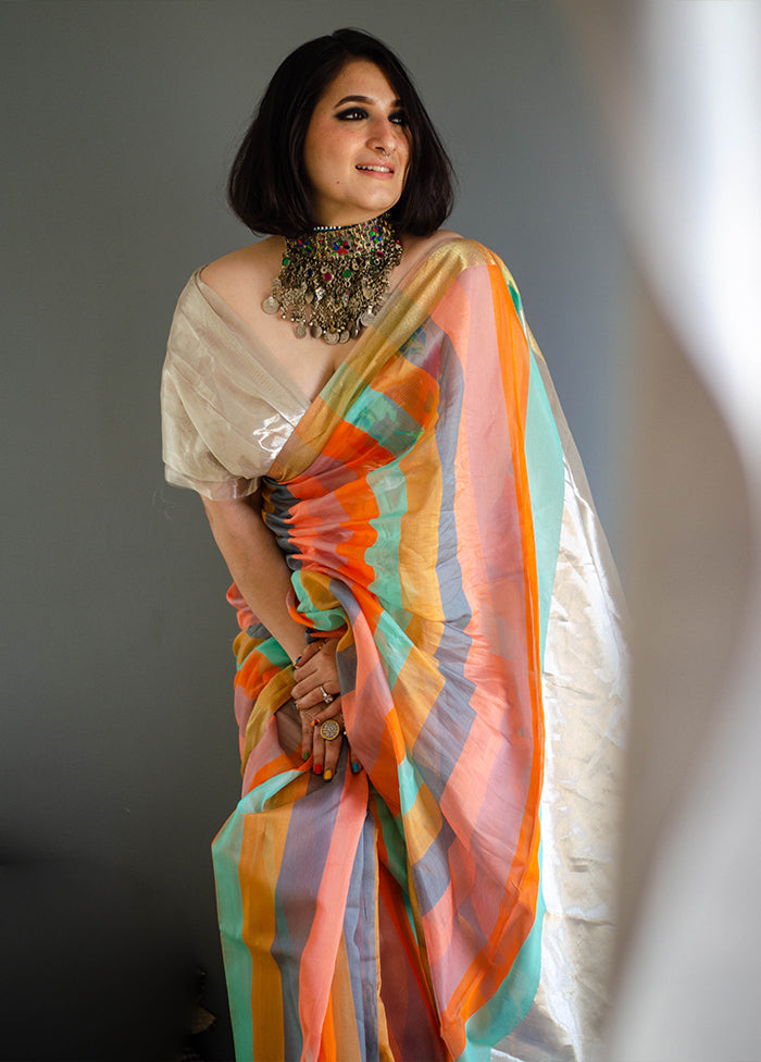 Multicolor Maheshwari Silk Saree With Blouse Piece