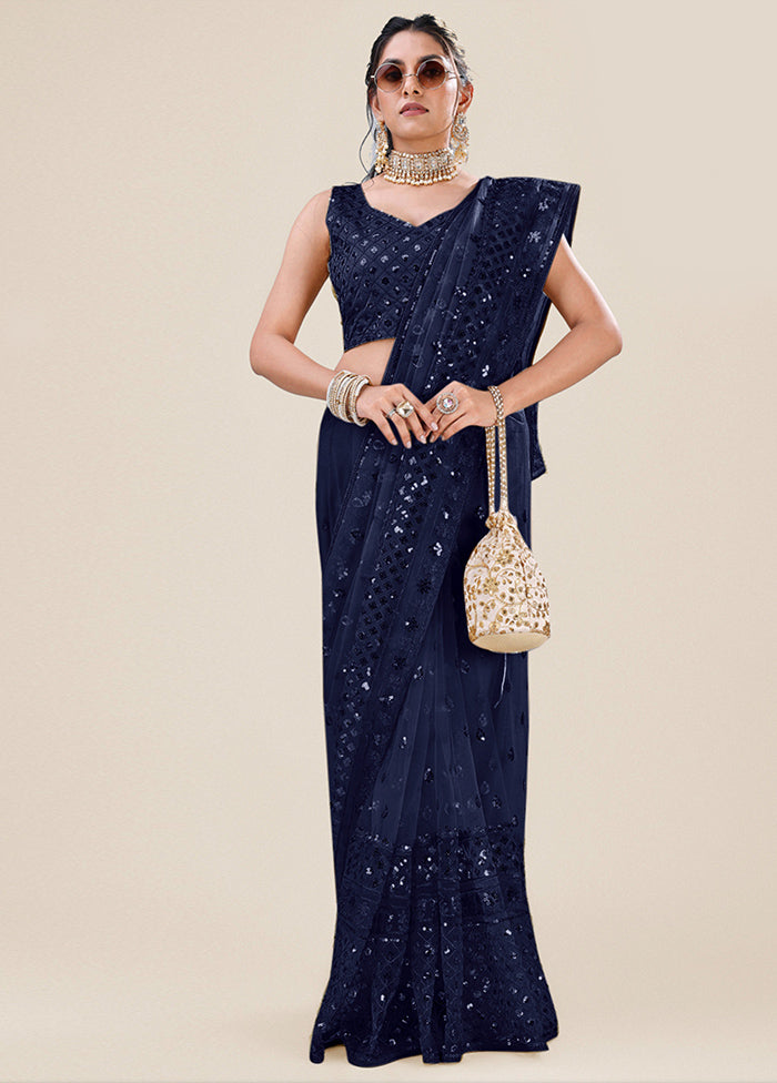 Navy Blue Organza Saree With Blouse Piece - Indian Silk House Agencies