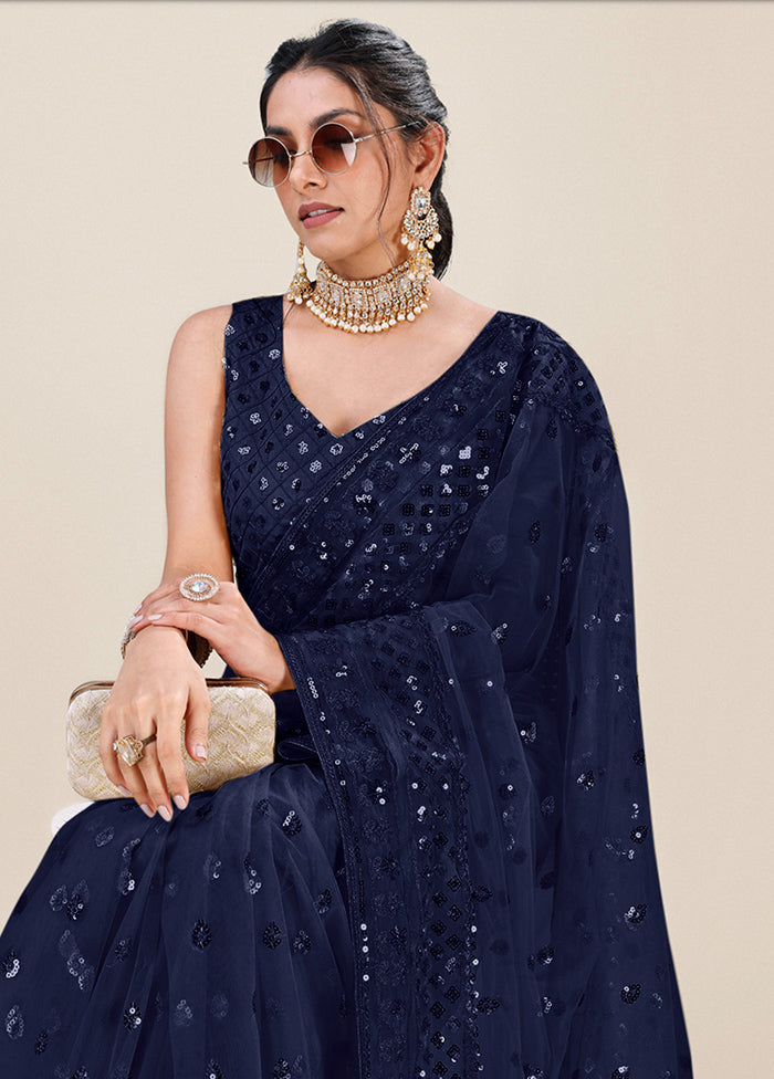 Navy Blue Organza Saree With Blouse Piece - Indian Silk House Agencies