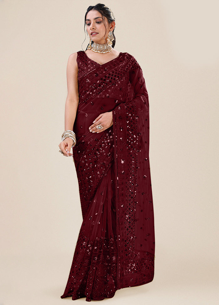 Maroon Organza Saree With Blouse Piece - Indian Silk House Agencies