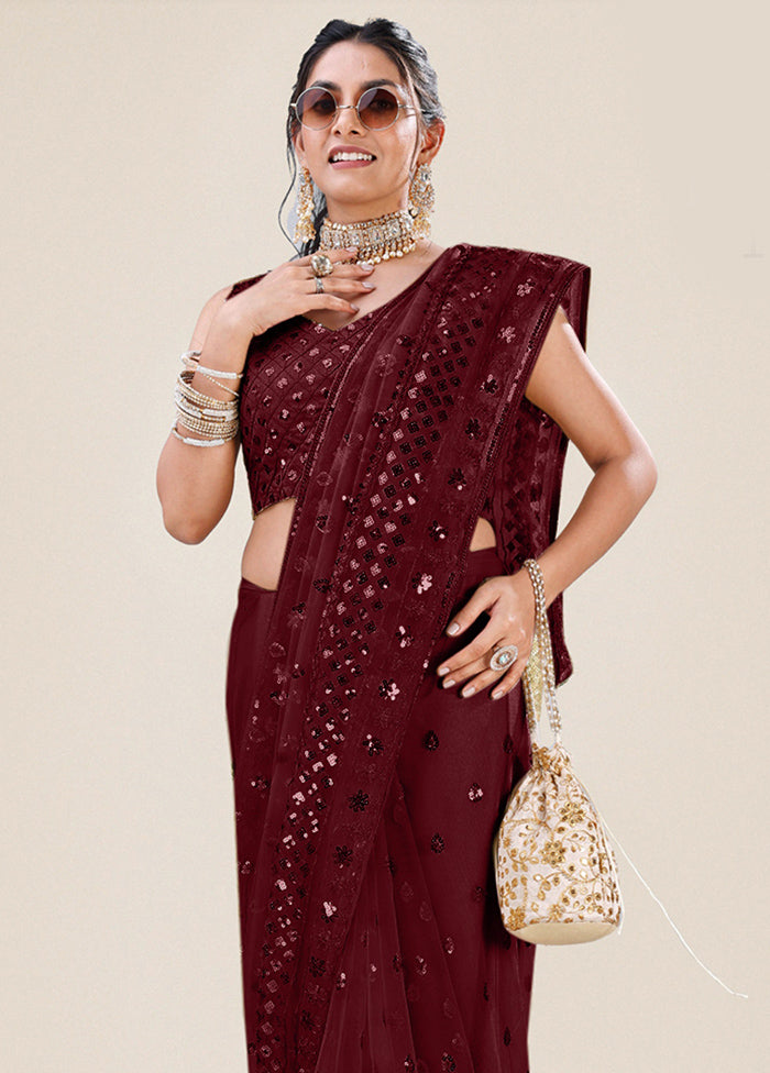 Maroon Organza Saree With Blouse Piece - Indian Silk House Agencies