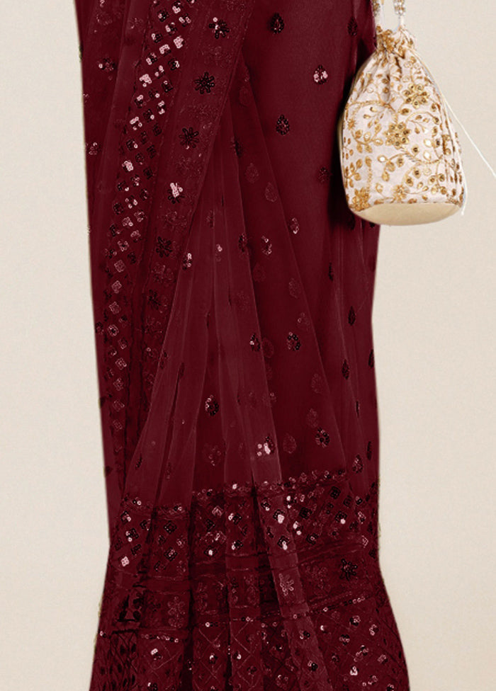 Maroon Organza Saree With Blouse Piece - Indian Silk House Agencies