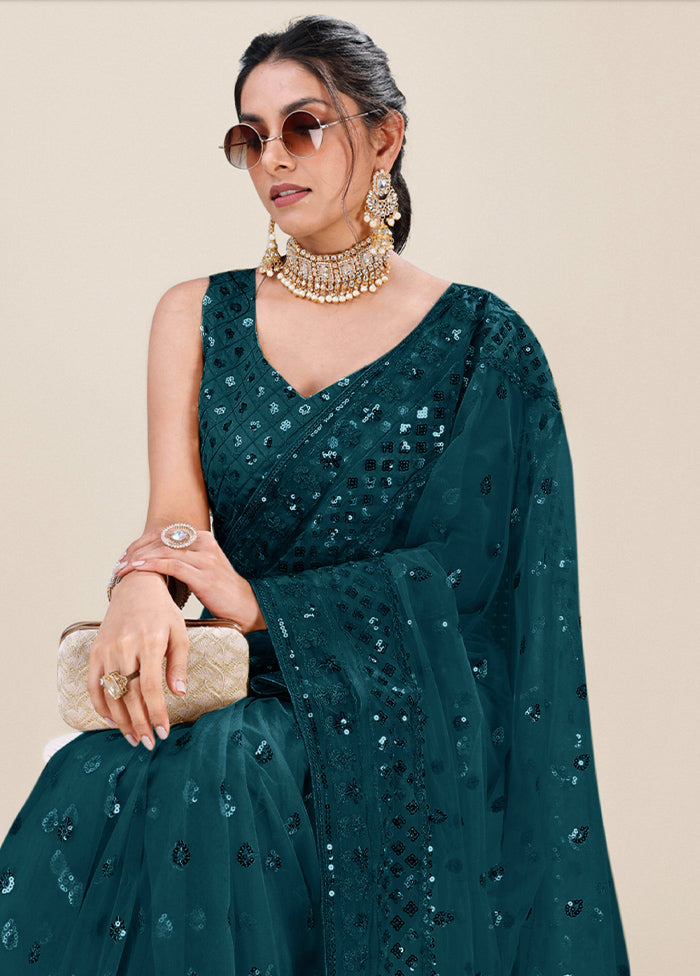 Teal Organza Saree With Blouse Piece - Indian Silk House Agencies