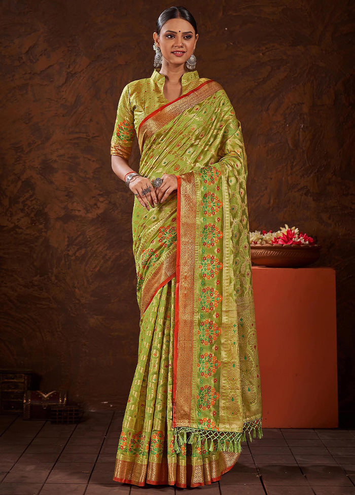 Parrot Green Organza Saree With Blouse Piece