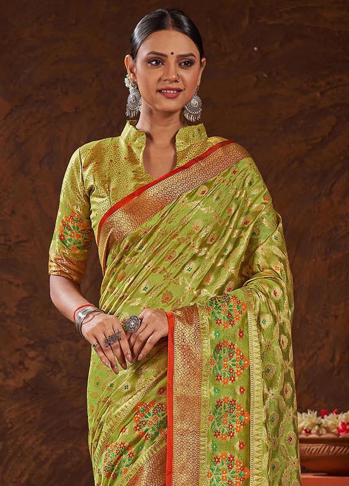 Parrot Green Organza Saree With Blouse Piece