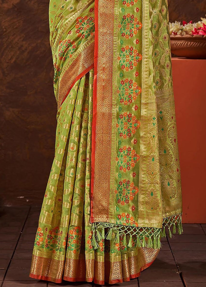 Parrot Green Organza Saree With Blouse Piece