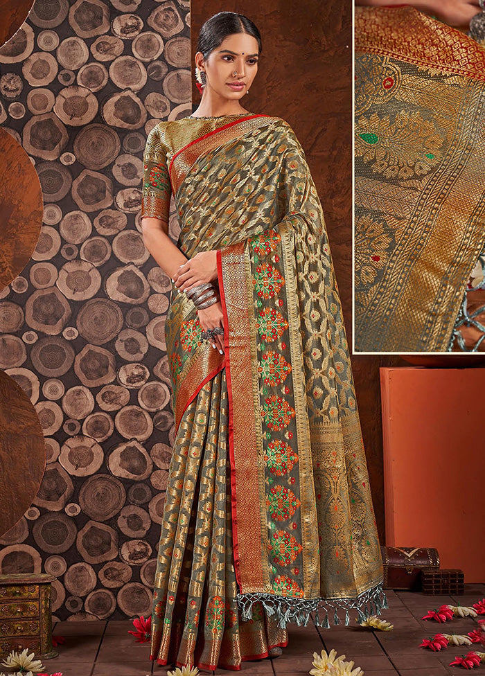 Grey Spun Silk Saree With Blouse Piece - Indian Silk House Agencies