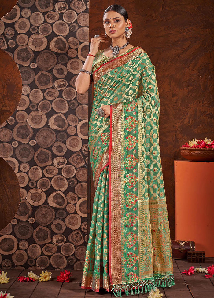 Sea Green Organza Saree With Blouse Piece